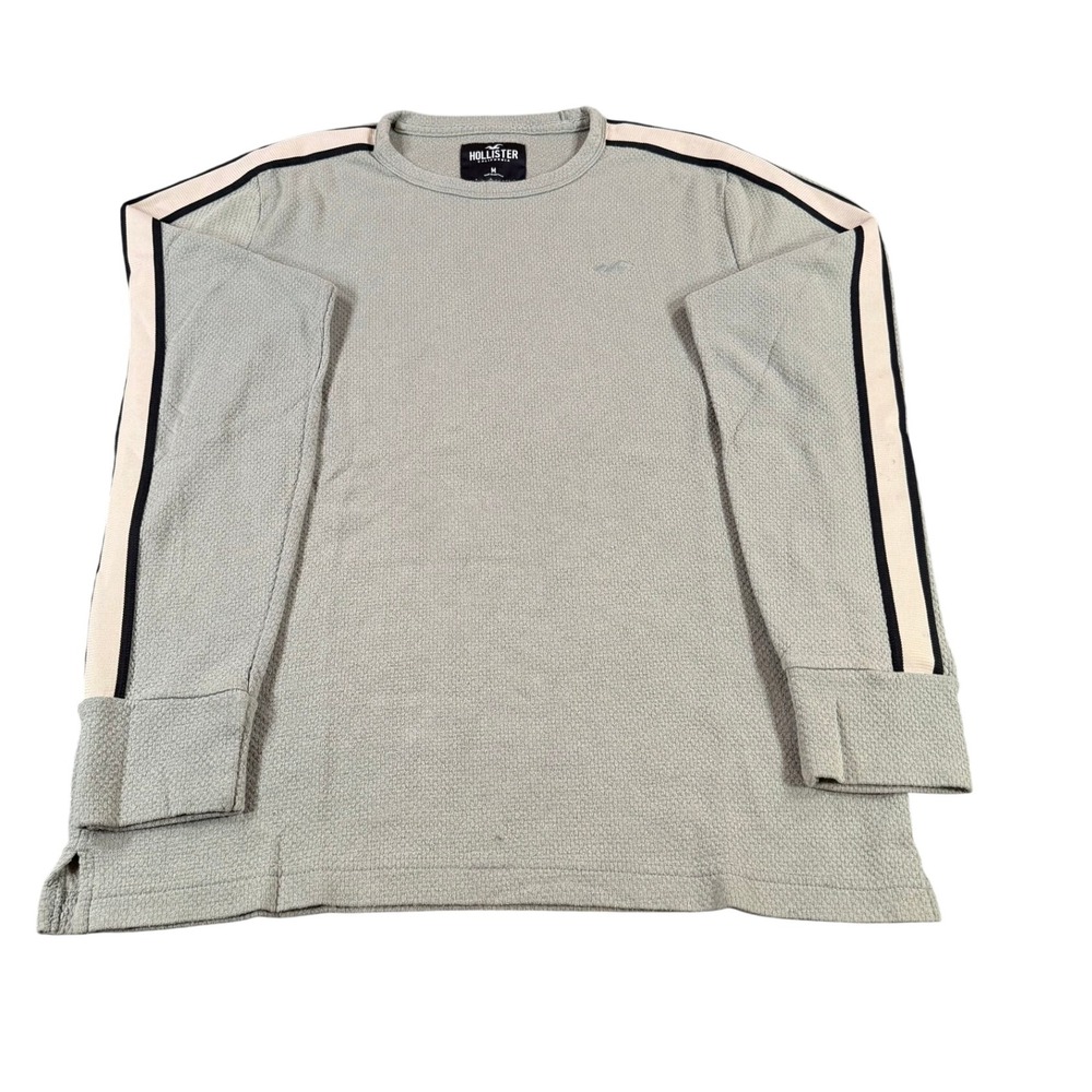 Hollister Mens Sage Green Waffle Knit Long Sleeve Racing Stripe Shirt Size M